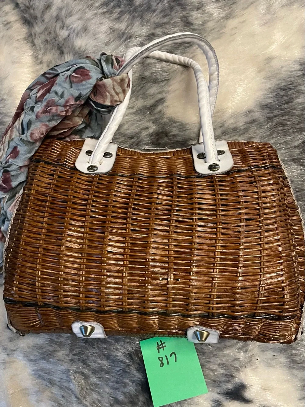 Patricia Nash Tan Wicker Satchel White Leather with Scarf Crossbody